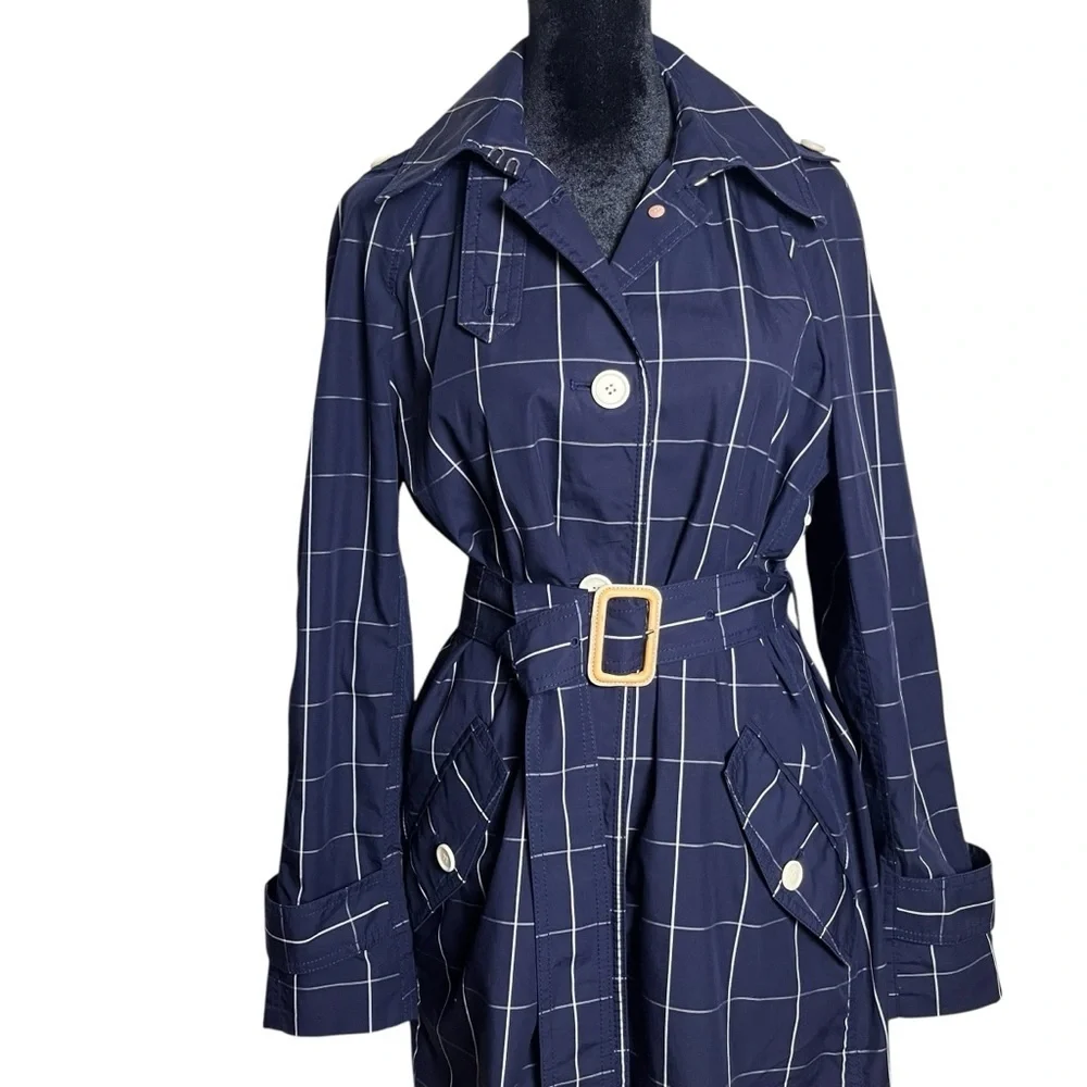 J Crew Collection Navy Windowpane Lightweight Trench Coat Size 2 - Picture 4 of 15